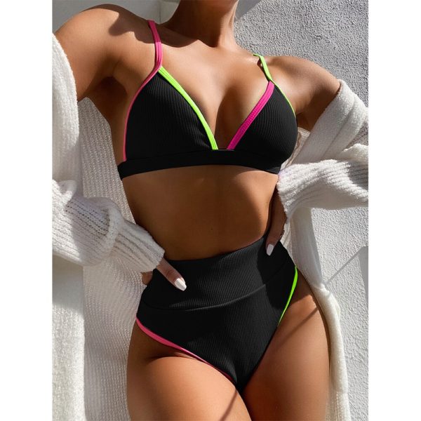2020 nova cintura alta biquíni feminino com decote em v banho push up maiô feminino retalhos fatos de banho verão beach wear terno de natação - Image 2