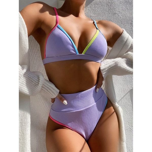 2020 nova cintura alta biquíni feminino com decote em v banho push up maiô feminino retalhos fatos de banho verão beach wear terno de natação - Image 3