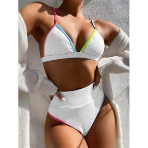 2020 nova cintura alta biquíni feminino com decote em v banho push up maiô feminino retalhos fatos de banho verão beach wear terno de natação