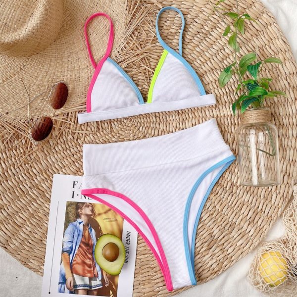 2020 nova cintura alta biquíni feminino com decote em v banho push up maiô feminino retalhos fatos de banho verão beach wear terno de natação - Image 5