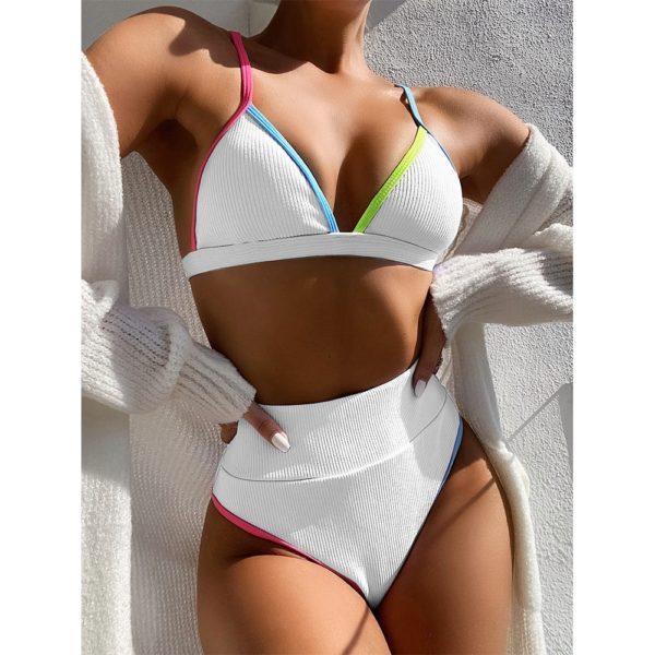 2020 nova cintura alta biquíni feminino com decote em v banho push up maiô feminino retalhos fatos de banho verão beach wear terno de natação