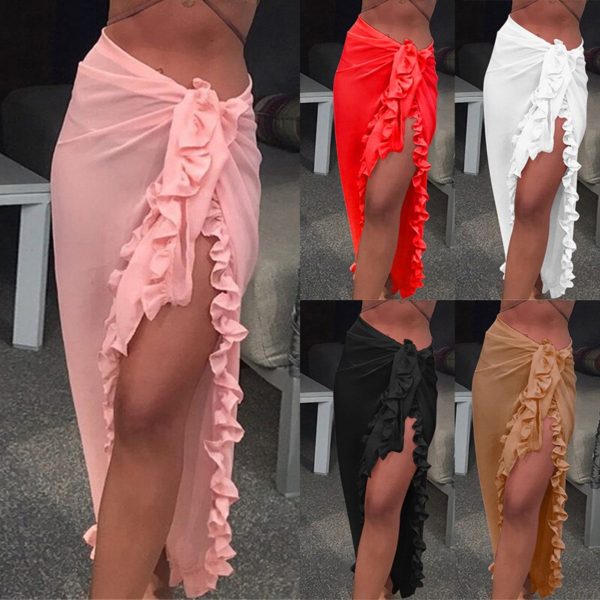2020 peça feminina saia de praia babados sarong bikini praia cobrir chiffon envoltório saias maiô verão maiôs - Image 3