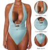 Biquíni 2020 sexy peça sólida maiô feminino plus size maiô bandage halter monokini sem costas baixo corte profundo v - Image 3
