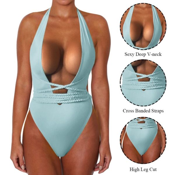 Biquíni 2020 sexy peça sólida maiô feminino plus size maiô bandage halter monokini sem costas baixo corte profundo v - Image 3