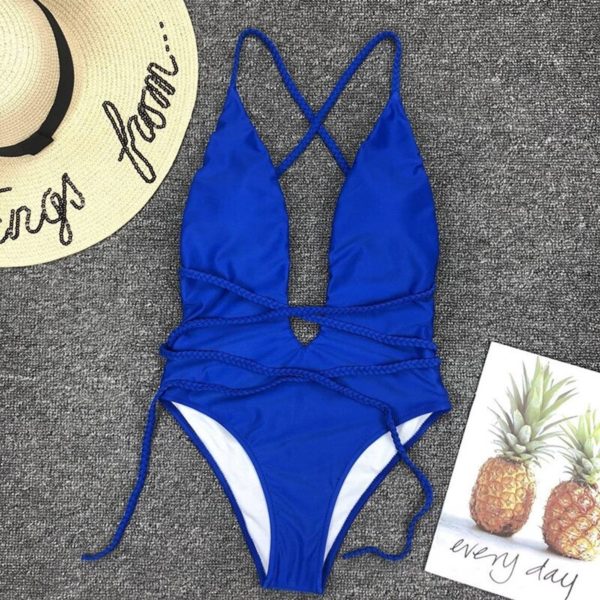 Biquíni 2020 sexy peça sólida maiô feminino plus size maiô bandage halter monokini sem costas baixo corte profundo v - Image 4