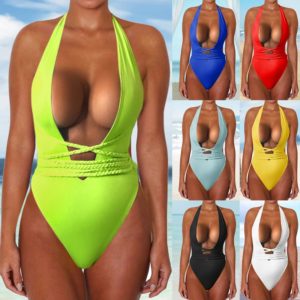 Biquíni 2020 sexy peça sólida maiô feminino plus size maiô bandage halter monokini sem costas baixo corte profundo v