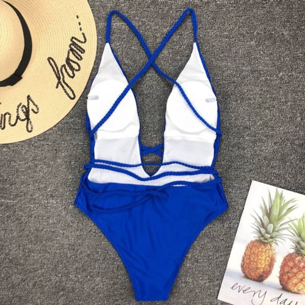 Biquíni 2020 sexy peça sólida maiô feminino plus size maiô bandage halter monokini sem costas baixo corte profundo v - Image 5