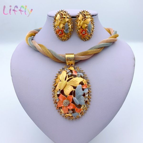Brincos de jóias de ouro de dubai conjuntos de jóias para o casamento feminino anel de pulseira de noiva pingente de jóias conjunto - Image 2