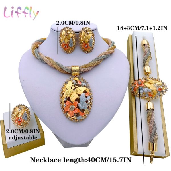 Brincos de jóias de ouro de dubai conjuntos de jóias para o casamento feminino anel de pulseira de noiva pingente de jóias conjunto - Image 6