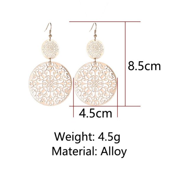 Brincos geométricos pendurados, étnicos, para mulheres, cor prata, metal, oco, padrão de flor, acessórios, joias de luxo feminino, 2019 - Image 2