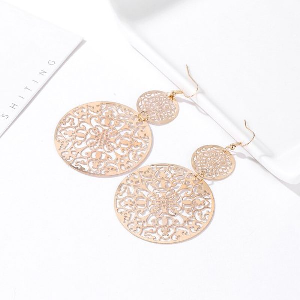Brincos geométricos pendurados, étnicos, para mulheres, cor prata, metal, oco, padrão de flor, acessórios, joias de luxo feminino, 2019 - Image 3
