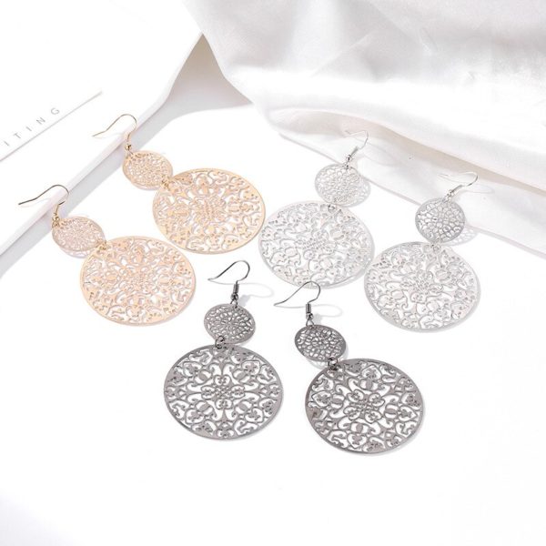 Brincos geométricos pendurados, étnicos, para mulheres, cor prata, metal, oco, padrão de flor, acessórios, joias de luxo feminino, 2019 - Image 4