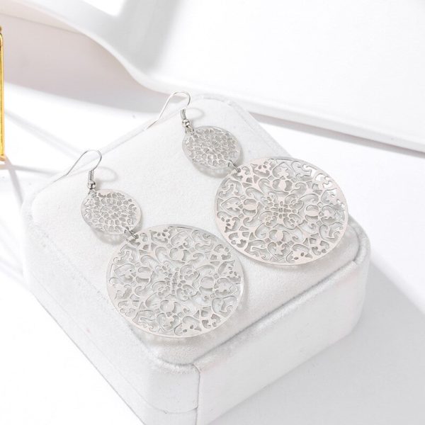 Brincos geométricos pendurados, étnicos, para mulheres, cor prata, metal, oco, padrão de flor, acessórios, joias de luxo feminino, 2019 - Image 5