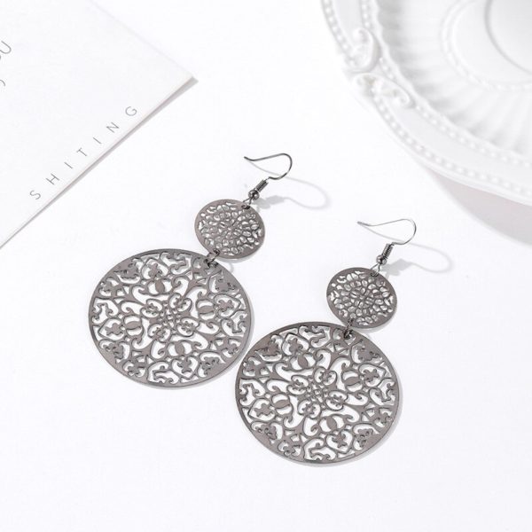 Brincos geométricos pendurados, étnicos, para mulheres, cor prata, metal, oco, padrão de flor, acessórios, joias de luxo feminino, 2019 - Image 6