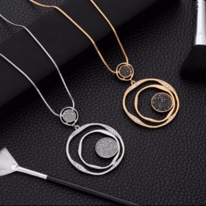 Colar pingente de cristal preto, corrente dourada, círculo grande, redondo, pingente, colar longo, acessórios de joias para mulheres, presentes