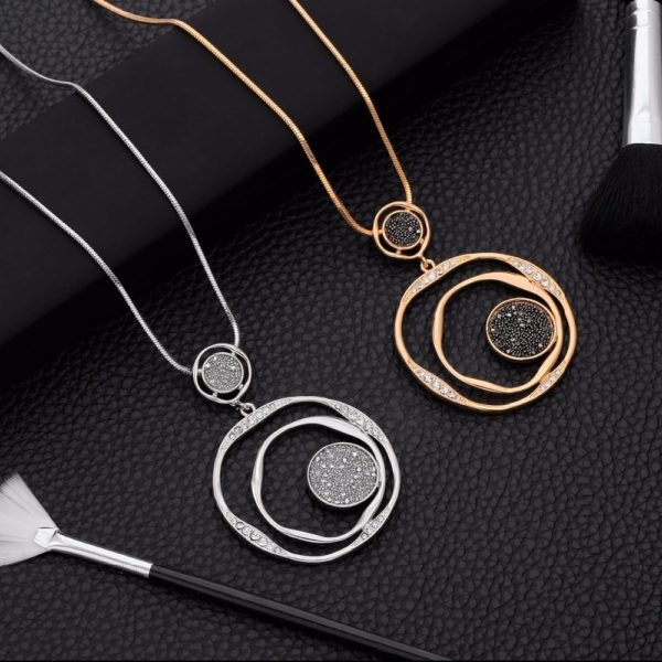 Colar pingente de cristal preto, corrente dourada, círculo grande, redondo, pingente, colar longo, acessórios de joias para mulheres, presentes