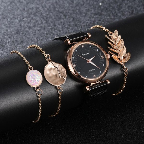 Conjunto de luxo relógio feminino ímã fivela flor feminino relógio pulseira rosa ouro strass vestido senhoras relógio presente conjunto montre femme - Image 2