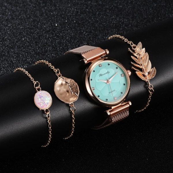 Conjunto de luxo relógio feminino ímã fivela flor feminino relógio pulseira rosa ouro strass vestido senhoras relógio presente conjunto montre femme - Image 3