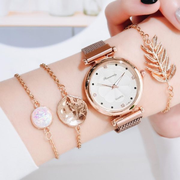 Conjunto de luxo relógio feminino ímã fivela flor feminino relógio pulseira rosa ouro strass vestido senhoras relógio presente conjunto montre femme - Image 4