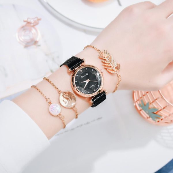 Conjunto de luxo relógio feminino ímã fivela flor feminino relógio pulseira rosa ouro strass vestido senhoras relógio presente conjunto montre femme - Image 5