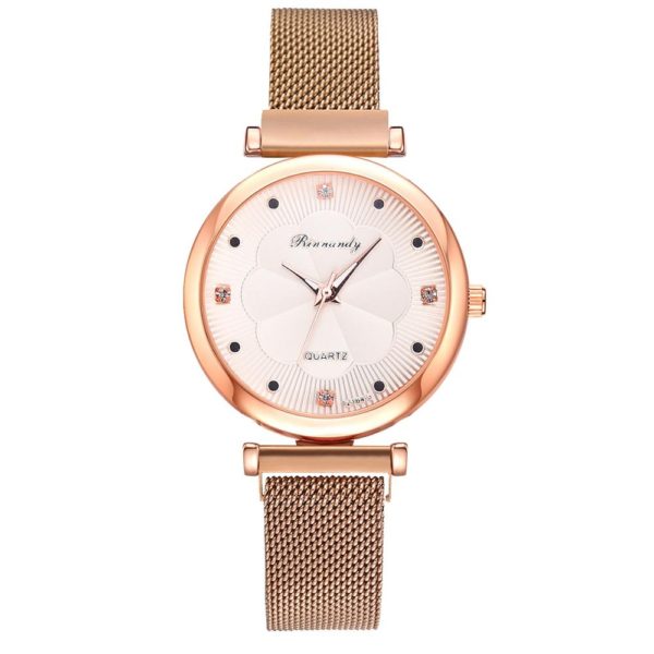 Conjunto de luxo relógio feminino ímã fivela flor feminino relógio pulseira rosa ouro strass vestido senhoras relógio presente conjunto montre femme - Image 6