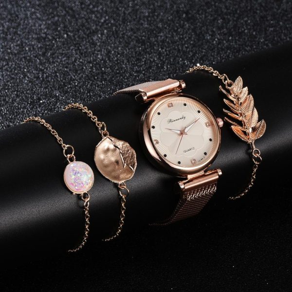 Conjunto de luxo relógio feminino ímã fivela flor feminino relógio pulseira rosa ouro strass vestido senhoras relógio presente conjunto montre femme