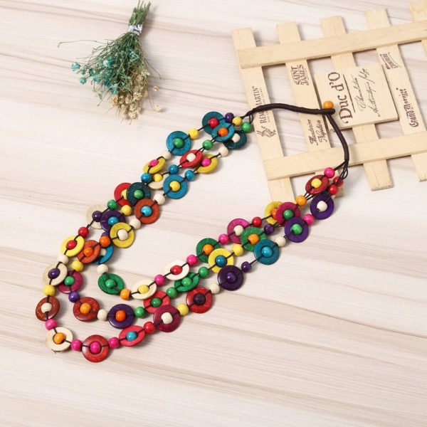 Estilo étnico feminino cor mosaico colar boêmio vintage multicamadas contas colar pingente étnico de madeira artesanal acessórios - Image 4