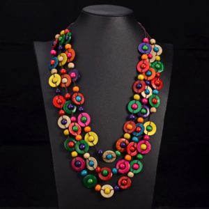 Estilo étnico feminino cor mosaico colar boêmio vintage multicamadas contas colar pingente étnico de madeira artesanal acessórios
