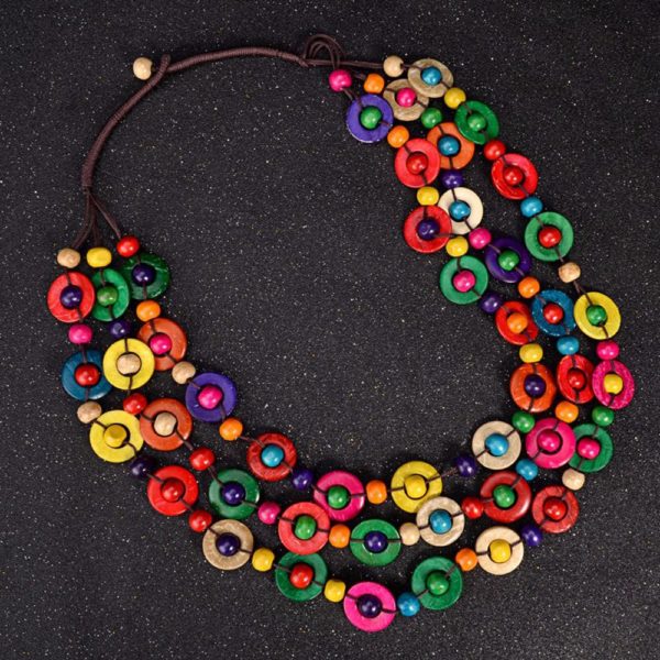 Estilo étnico feminino cor mosaico colar boêmio vintage multicamadas contas colar pingente étnico de madeira artesanal acessórios - Image 6