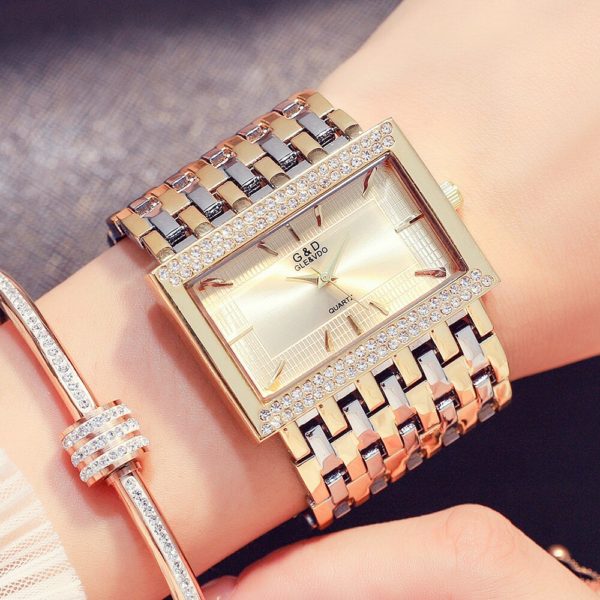 G & D Marca Mulheres Relógios Moda Retângulo Caso Relógio de Quartzo Pulseira Relógio de Pulso de Luxo de Cristal de Ouro Relógio de Senhoras - Image 2