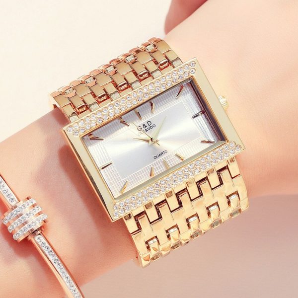 G & D Marca Mulheres Relógios Moda Retângulo Caso Relógio de Quartzo Pulseira Relógio de Pulso de Luxo de Cristal de Ouro Relógio de Senhoras - Image 3
