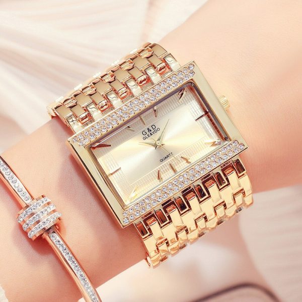 G & D Marca Mulheres Relógios Moda Retângulo Caso Relógio de Quartzo Pulseira Relógio de Pulso de Luxo de Cristal de Ouro Relógio de Senhoras - Image 4