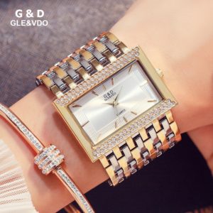 G & D Marca Mulheres Relógios Moda Retângulo Caso Relógio de Quartzo Pulseira Relógio de Pulso de Luxo de Cristal de Ouro Relógio de Senhoras