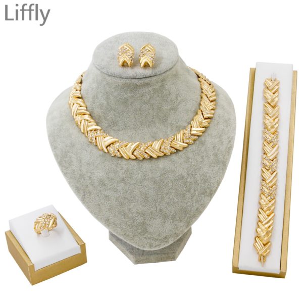 Liffly Bridal Dubai Conjuntos de Jóias de Ouro Colar de Cristal Pulseira Mulheres da Festa de Casamento Nigeriano Conjunto de Jóias de Moda