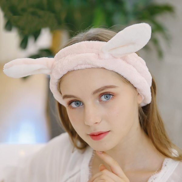 Molans feminino maquiagem rosto de lavagem orelhas de coelho coral velo headbands macio elástico fita de cabelo spa banho chuveiro faixa de cabelo headwear - Image 4