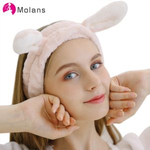 Molans feminino maquiagem rosto de lavagem orelhas de coelho coral velo headbands macio elástico fita de cabelo spa banho chuveiro faixa de cabelo headwear