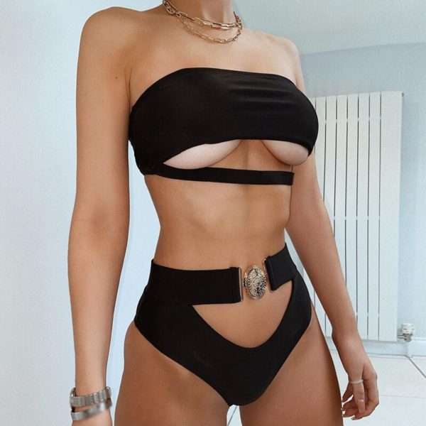 Mossha oco para fora branco roupa de banho feminina de cintura alta biquíni 2020 mujer fivela de metal cinto maiô feminino biquini - Image 4