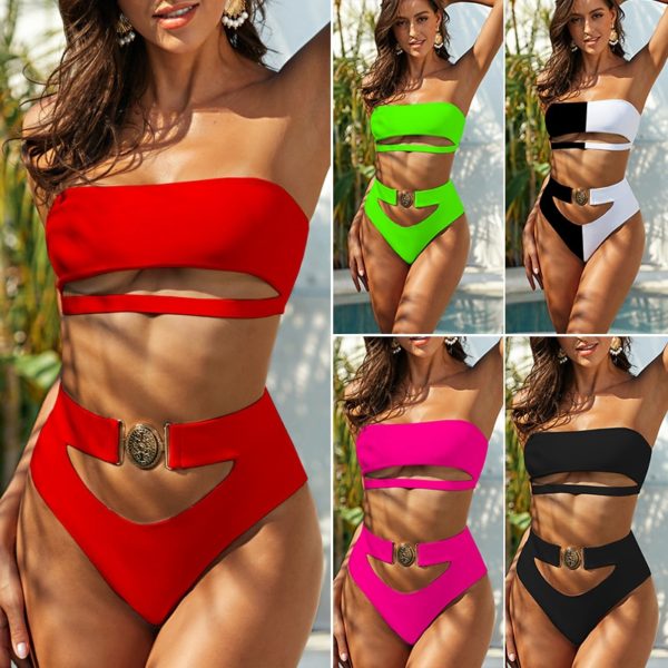 Mossha oco para fora branco roupa de banho feminina de cintura alta biquíni 2020 mujer fivela de metal cinto maiô feminino biquini - Image 6