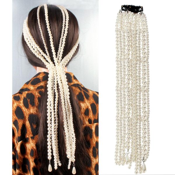 Presilha de pérolas e borla longa, acessório feminino enfeite de cabelo - Image 4