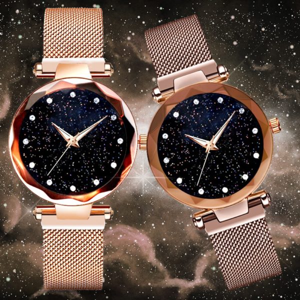 Relógio das mulheres céu estrelado relógio magnético aço inoxidável malha banda luxo quartzo relógio de pulso diamante relógios pulso relogio feminino - Image 2
