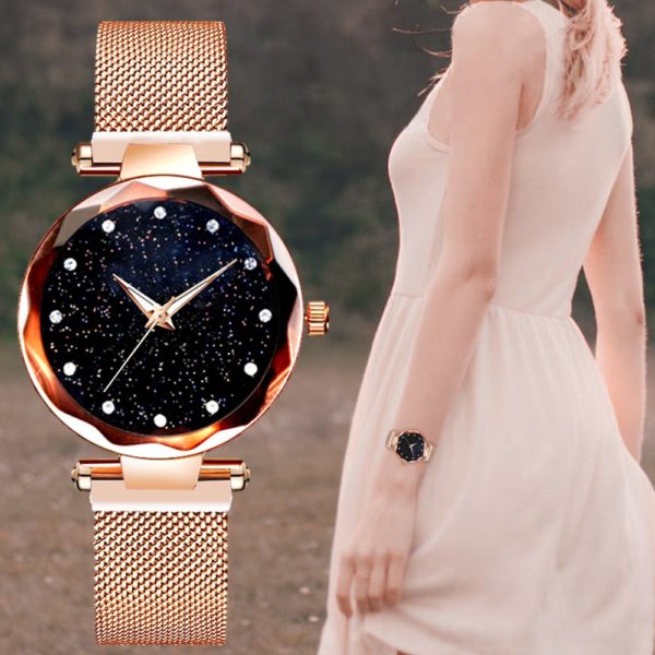 Relógio das mulheres céu estrelado relógio magnético aço inoxidável malha banda luxo quartzo relógio de pulso diamante relógios pulso relogio feminino