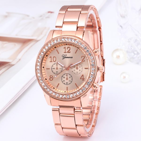 Relógio para mulheres de luxo moda genebra strass aço inoxidável falso três olhos quartzo feminino relógio presente para senhora relógio feminino - Image 2