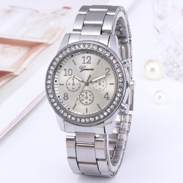 Relógio para mulheres de luxo moda genebra strass aço inoxidável falso três olhos quartzo feminino relógio presente para senhora relógio feminino - Image 3