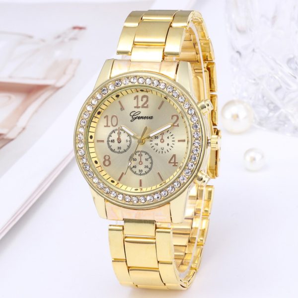 Relógio para mulheres de luxo moda genebra strass aço inoxidável falso três olhos quartzo feminino relógio presente para senhora relógio feminino - Image 4