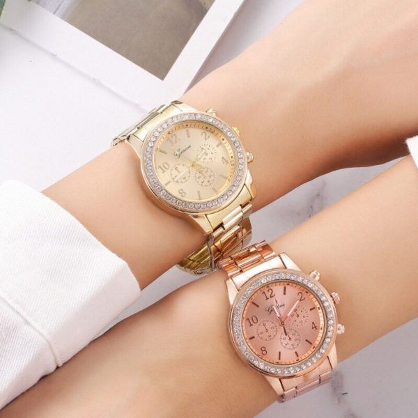 Relógio para mulheres de luxo moda genebra strass aço inoxidável falso três olhos quartzo feminino relógio presente para senhora relógio feminino - Image 6
