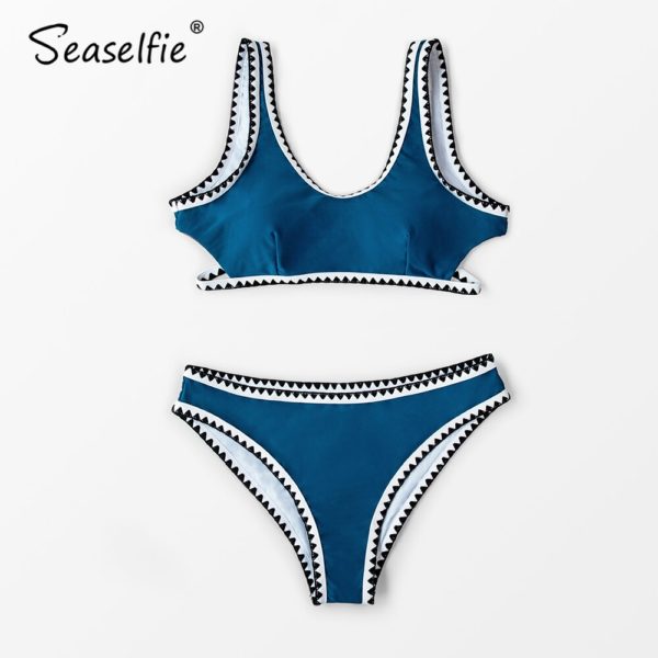 Seaselfie sexy desportivo azul e preto conjuntos de biquíni crochê maiô duas peças banho feminino 2020 verão praia - Image 3
