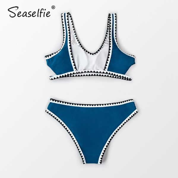 Seaselfie sexy desportivo azul e preto conjuntos de biquíni crochê maiô duas peças banho feminino 2020 verão praia - Image 4