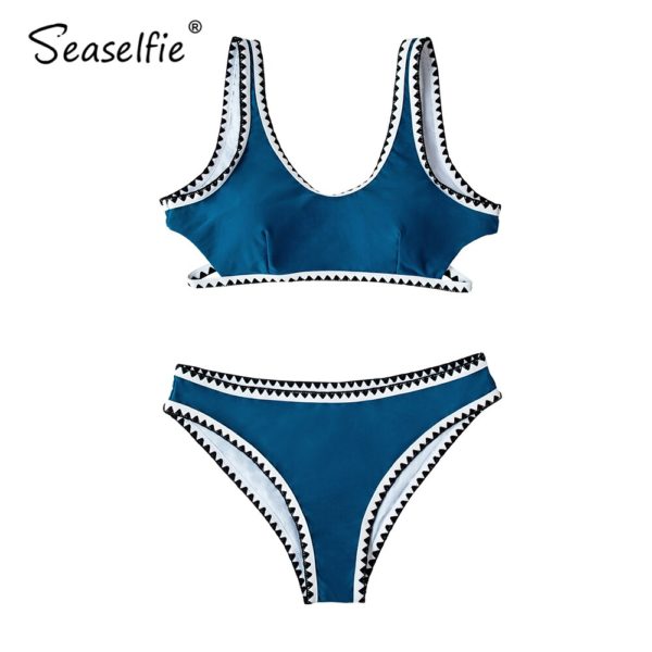Seaselfie sexy desportivo azul e preto conjuntos de biquíni crochê maiô duas peças banho feminino 2020 verão praia - Image 5