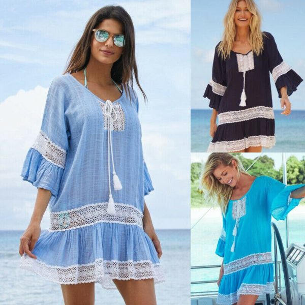Vestido de praia transparente vintage, vestido boho moda praia biquíni capa solta, renda, túnica, verão 2020 - Image 2