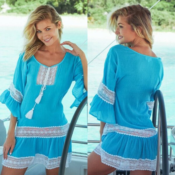 Vestido de praia transparente vintage, vestido boho moda praia biquíni capa solta, renda, túnica, verão 2020 - Image 6